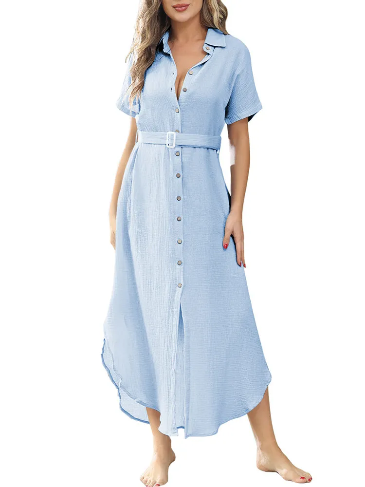 Women's Short Sleeve Button Down Side Slit Maxi Long Swimsuit Cover Up