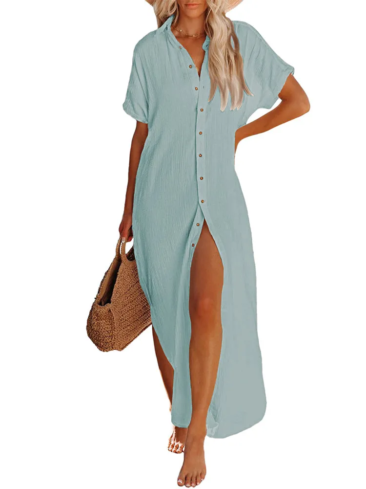 Women's Short Sleeve Button Down Side Slit Maxi Long Swimsuit Cover Up