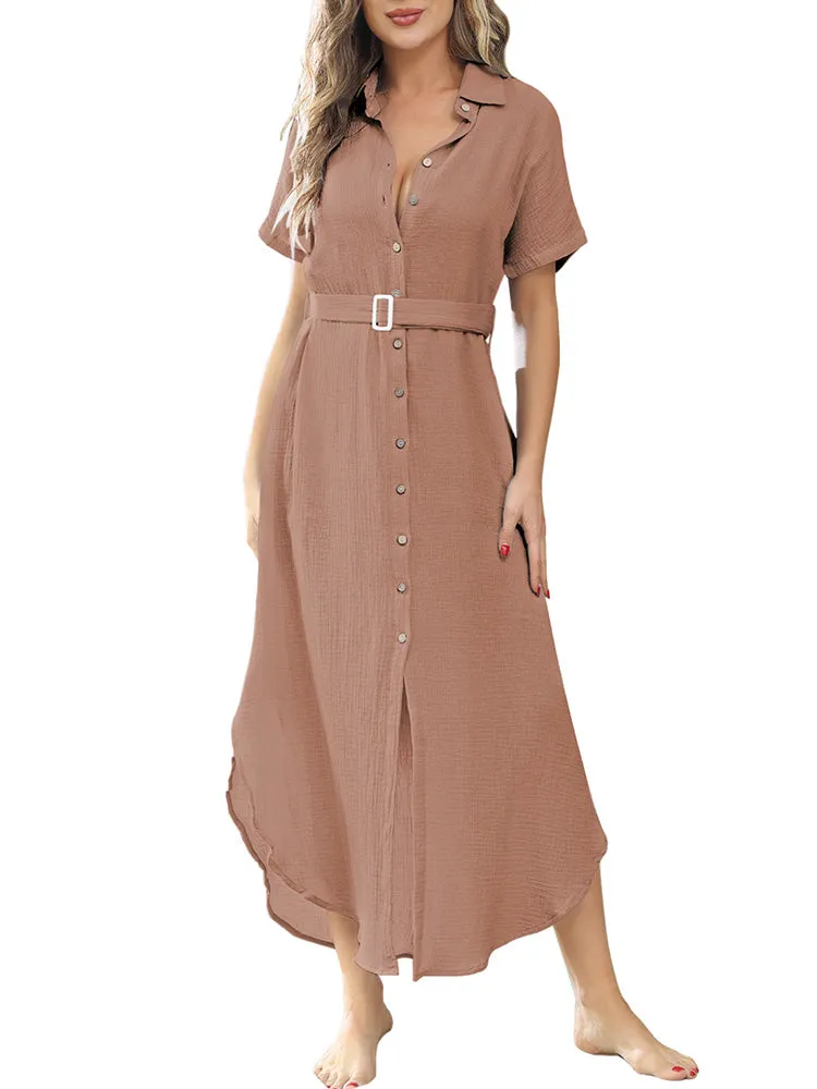 Women's Short Sleeve Button Down Side Slit Maxi Long Swimsuit Cover Up