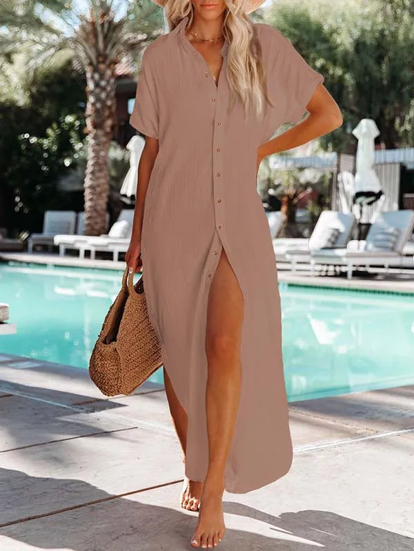 Women's Short Sleeve Button Down Side Slit Maxi Long Swimsuit Cover Up