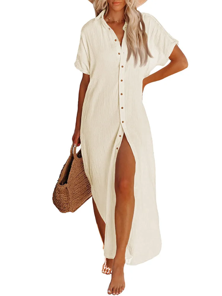 Women's Short Sleeve Button Down Side Slit Maxi Long Swimsuit Cover Up