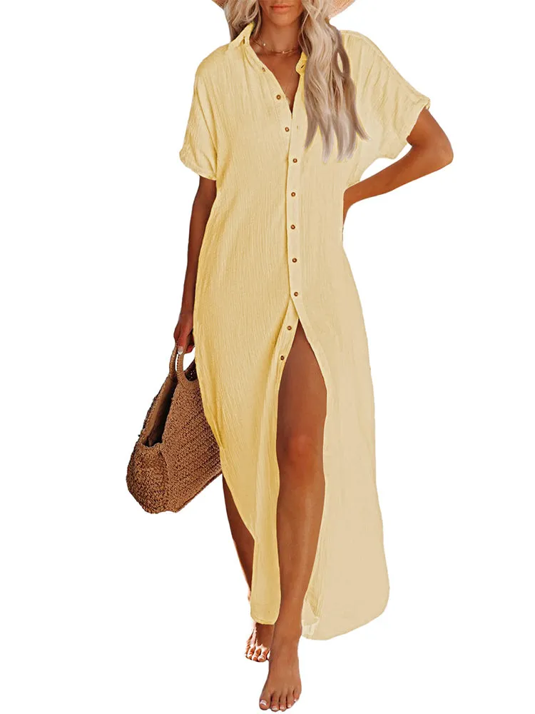 Women's Short Sleeve Button Down Side Slit Maxi Long Swimsuit Cover Up