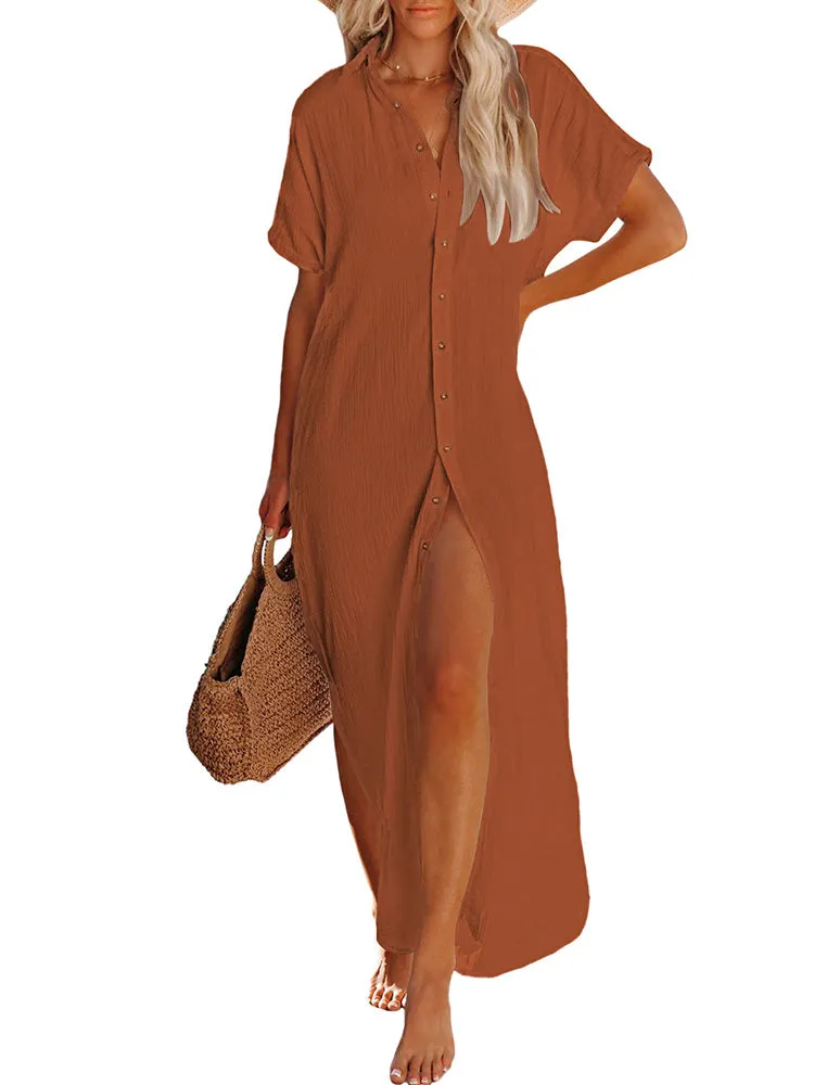 Women's Short Sleeve Button Down Side Slit Maxi Long Swimsuit Cover Up