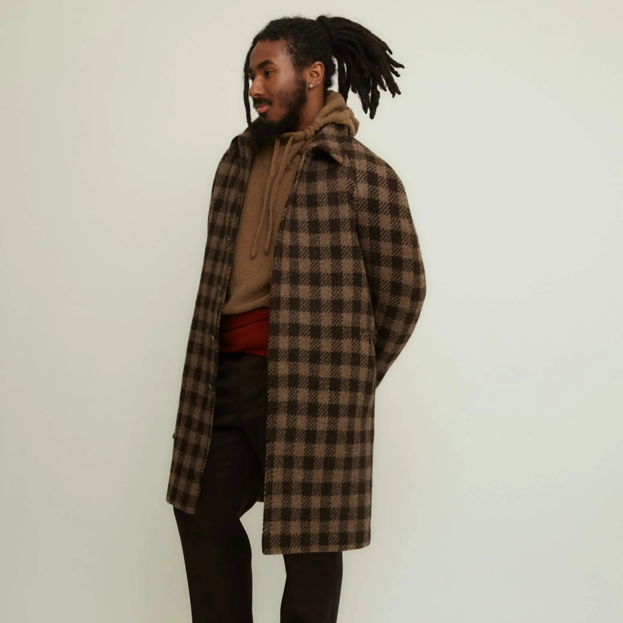 x Sartoria Carrara: Balmacaan belted coat in chocolate and brown large check undyed wool