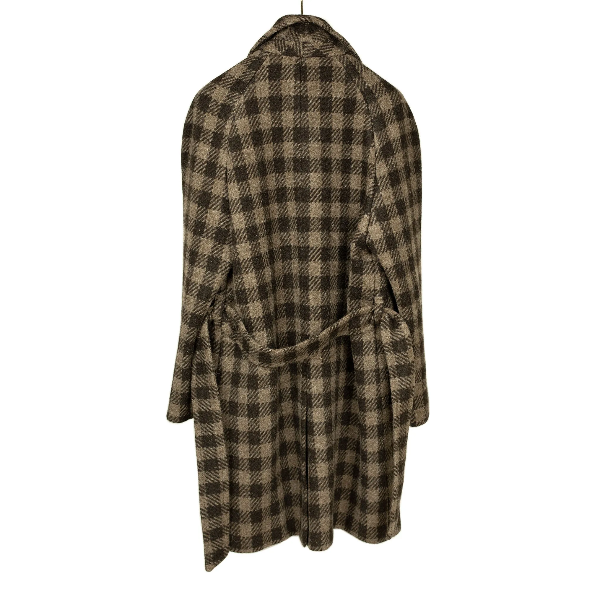 x Sartoria Carrara: Balmacaan belted coat in chocolate and brown large check undyed wool