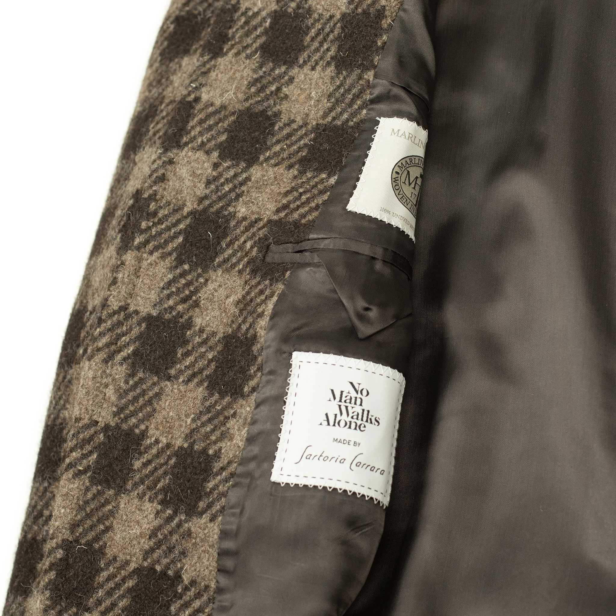 x Sartoria Carrara: Balmacaan belted coat in chocolate and brown large check undyed wool