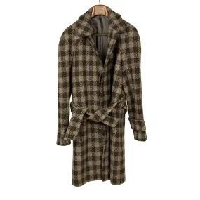 x Sartoria Carrara: Balmacaan belted coat in chocolate and brown large check undyed wool