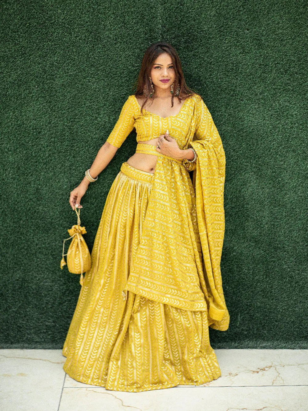 Yellow Color Sequins Embroidery Work Georgette Haldi Lehenga Choli With Batwa