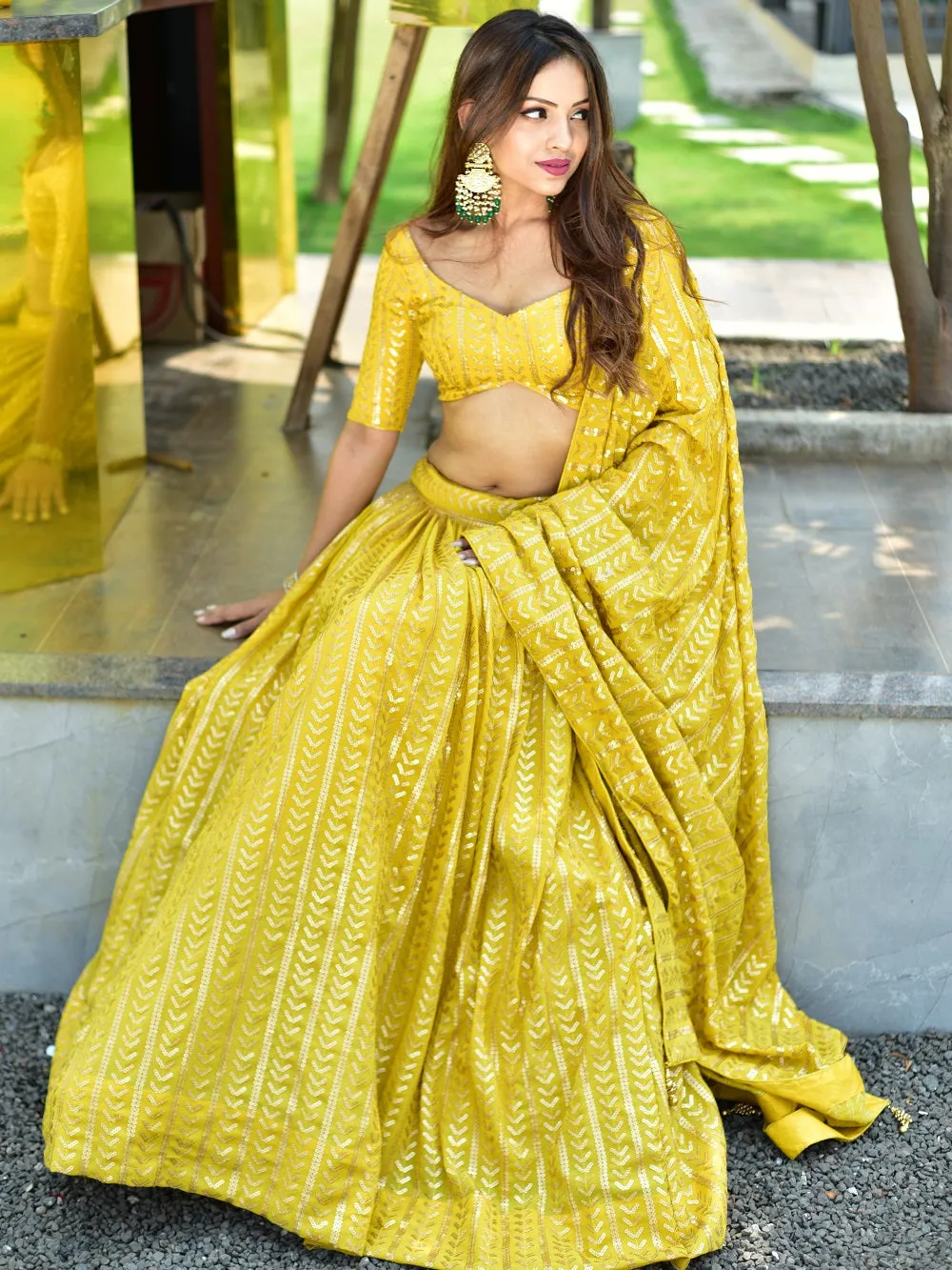 Yellow Color Sequins Embroidery Work Georgette Haldi Lehenga Choli With Batwa